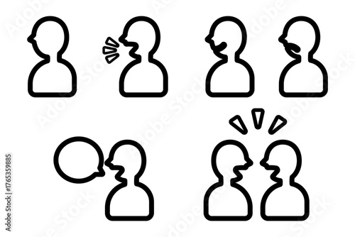 複数の横顔の人物を並べた、感情や会話シーンを象徴するフラットデザインのベクターアイコン集