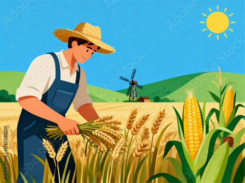 Farmer Harvesting Wheat and Corn Under the Summer Sun