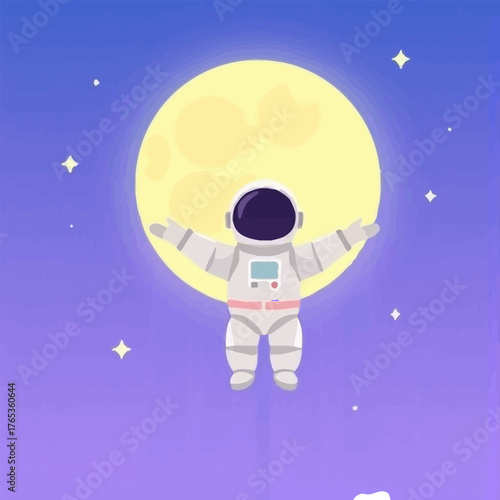 Astronaut floating in space with a large moon and stars in the background.