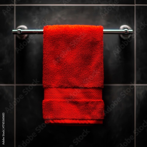 Luxurious vibrant red towel hangs on sleek modern chrome bar against dark tiled wall creating a spa like atmosphere of comfort and cleanliness