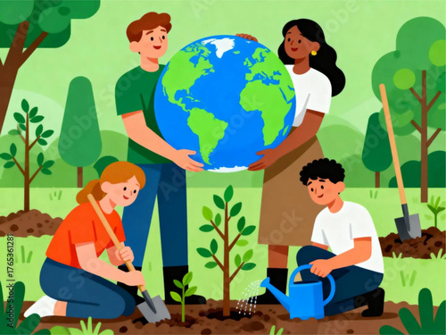Diverse group of young people planting trees and holding the Earth, symbolizing environmental protection and global unity