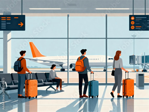 Modern flat vector illustration of passengers with luggage waiting in an airport departure lounge for their flight