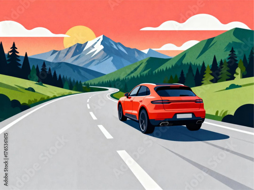 Vivid illustration of a sleek orange SUV driving on a winding road through a scenic mountain landscape under a bright sun