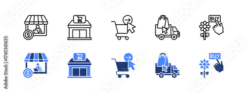 Merchant, Storefront, Checkout, Delivery, Buy with two styles, line and duotone icon.