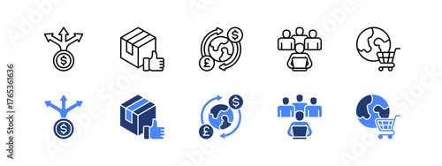 Trade, Goods, Exchange, Community, Global market with two styles, line and duotone icon.