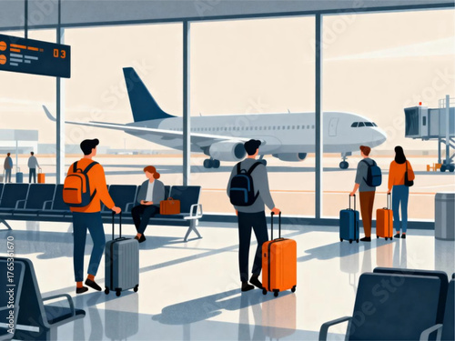 Illustration of diverse passengers with luggage waiting in a modern airport terminal before flight departure
