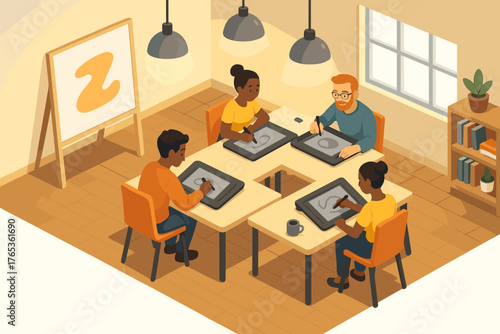 Diverse team of young adults illustrating together in modern workspace