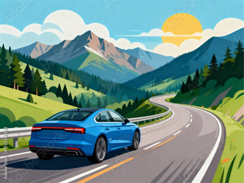 Scenic road trip through lush green mountains under a bright sun