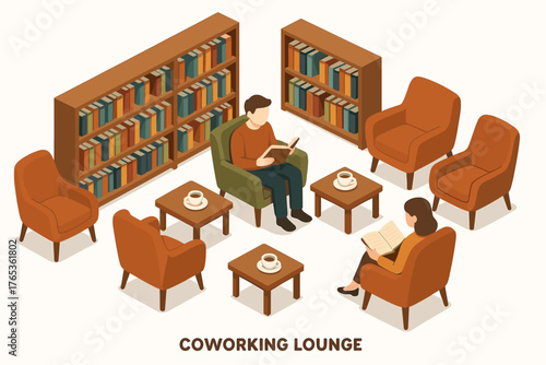 Isometric coworking lounge with people reading books in cozy chairs