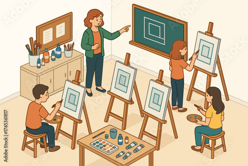 Art class with caucasian female teacher and young students painting on easels