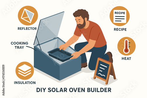 Young caucasian male demonstrating diy solar oven building with components and instructions