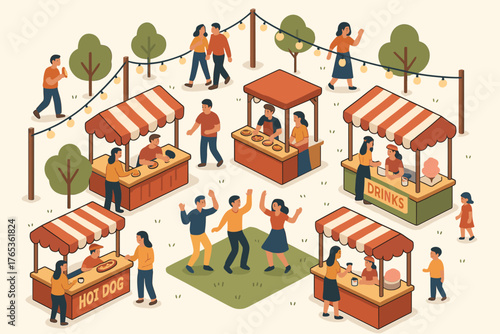 Outdoor community festival with food stalls and dancing adults and children