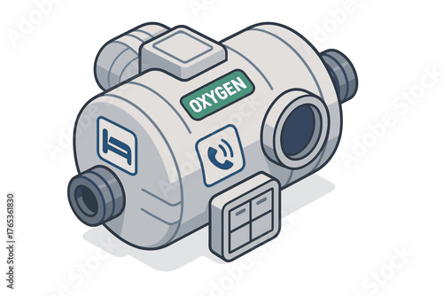 Isometric oxygen concentrator device with control panel in white and blue design