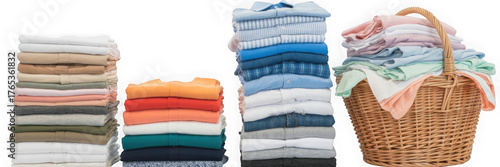 Neatly folded stacks of colorful laundry and a woven basket full of clothes isolated on transparent background