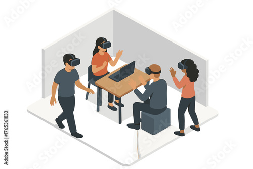 Group of diverse adults engaging with virtual reality headsets in modern workspace