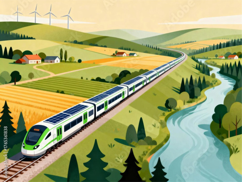 A green energy express train powered by solar panels glides through a picturesque countryside with wind turbines and farms