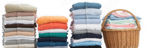 Stack of clean clothes and Wicker basket with clean laundry isolated on transparent background.