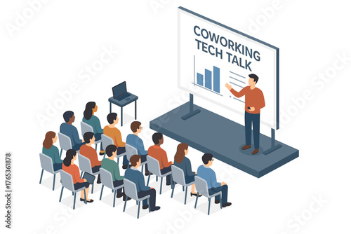 Diverse audience attending tech talk presentation by young hispanic male in coworking space