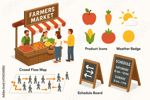 Farmers market isometric illustration with vendors, produce icons, and schedule boards