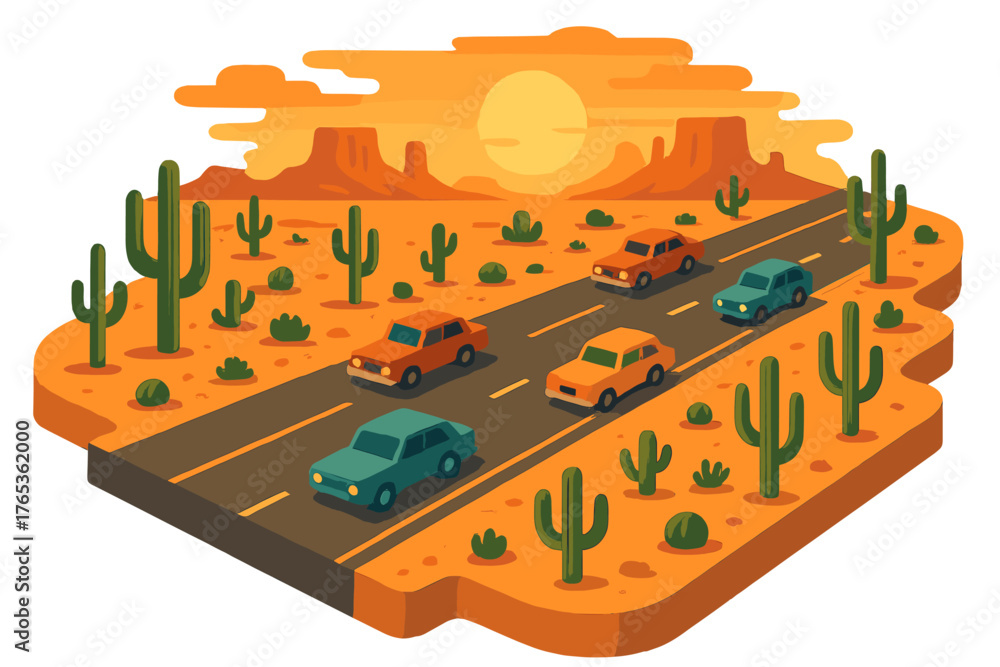 Naklejka premium Vintage desert highway scene with cars at sunset and cacti