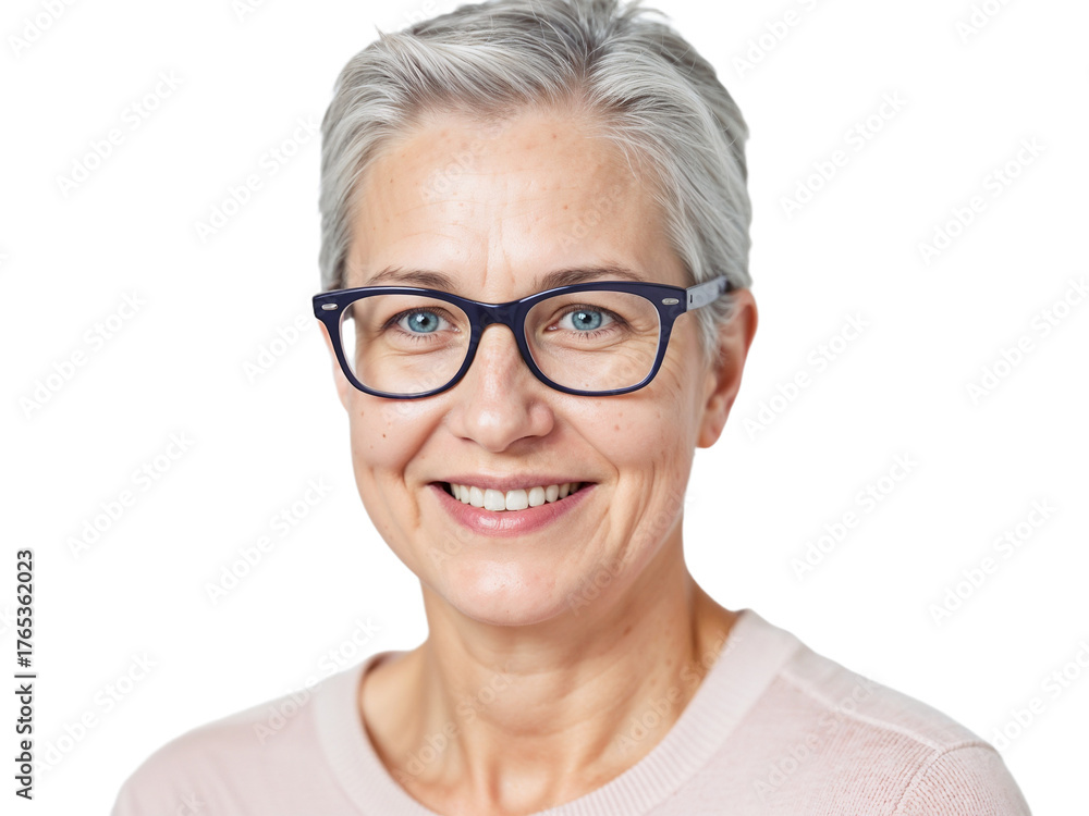 Fototapeta premium Smiling woman with short gray hair and glasses poses confidently against a white background