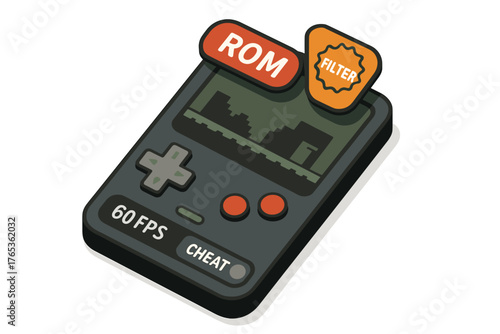 Retro handheld console with pixel game display and feature tags