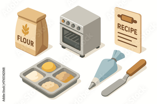 Baking essentials isometric set: flour, oven, recipe, baking tray, piping bag, spatula
