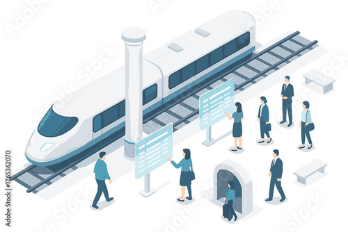 Isometric train station: diverse people navigating modern transport hub