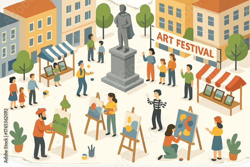 Outdoor art festival: diverse artists and families enjoy a colorful community event