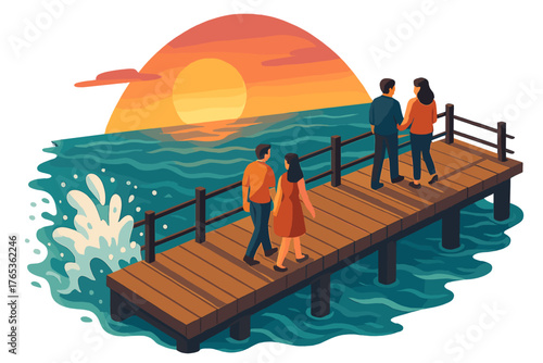 Couples at sunset on wooden pier overlooking ocean waves