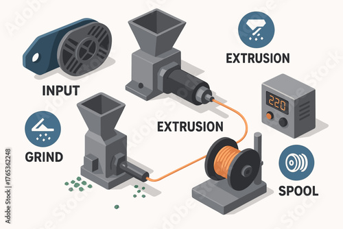 Plastic recycling process: grind, extrusion, spool workflow illustrated