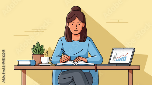A young woman is sitting at a desk, writing in a notebook with a pen, with a laptop, coffee, and a plant on the desk.