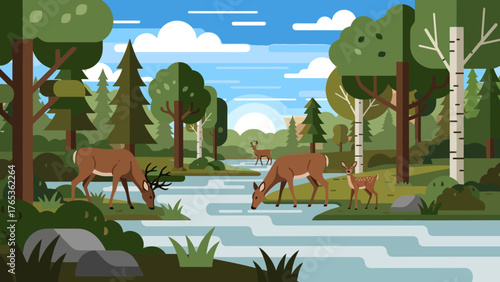 A serene forest scene with deer drinking from a clear stream surrounded by lush green trees and a bright blue sky.