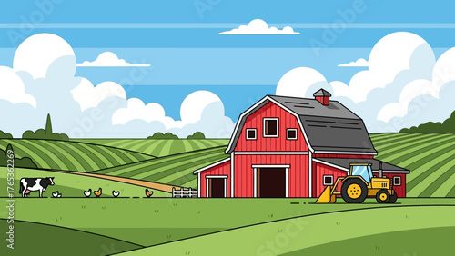 A vibrant cartoon illustration of a red barn on a green farm with a tractor, cow, and chickens under a blue sky.