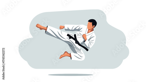 Karate practitioner executing a dynamic kick in a white uniform with a black belt, mid-air.