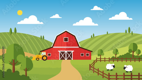 A vibrant illustration of a farm scene featuring a red barn, tractor, and sheep grazing in a field.