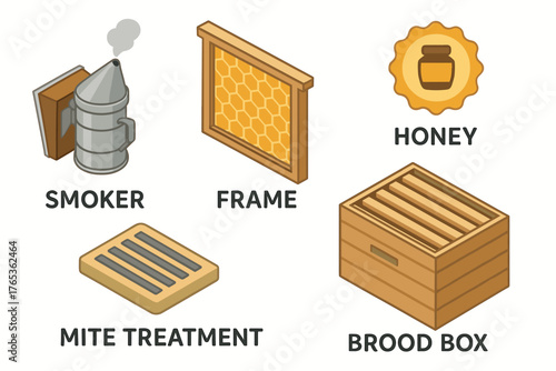 Beekeeping tools: smoker, honeycomb frame, honey, mite treatment, brood box components