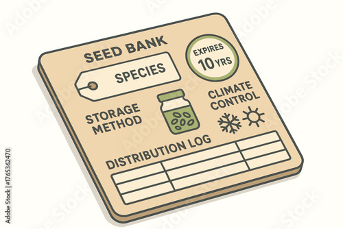 Illustrated seed bank label with expiry and climate control details
