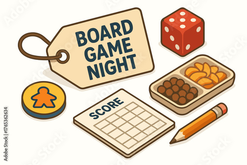 Board game night setup with dice, scorecard, and game pieces