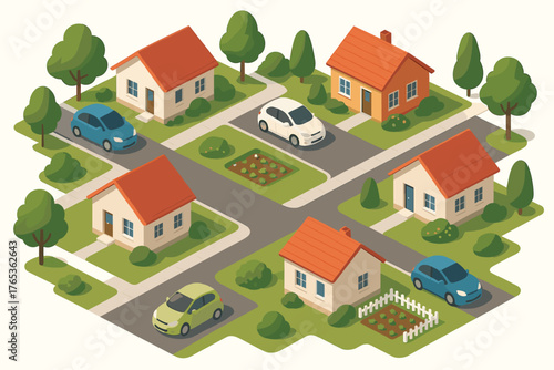 Isometric suburban neighborhood with cars and charming houses on sunny day