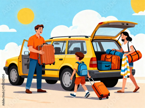 Family Vacation Packing for a Road Trip Adventure with Luggage and Car