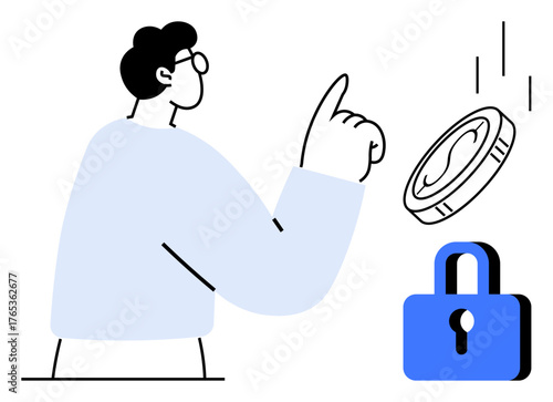 Person gesturing towards a descending coin close to a lock, representing financial planning, savings, investment, protection, security, accountability, and decision-making. Clean simple flat