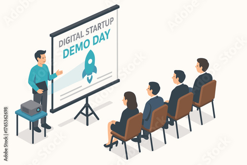 Digital startup demo day presentation with diverse audience