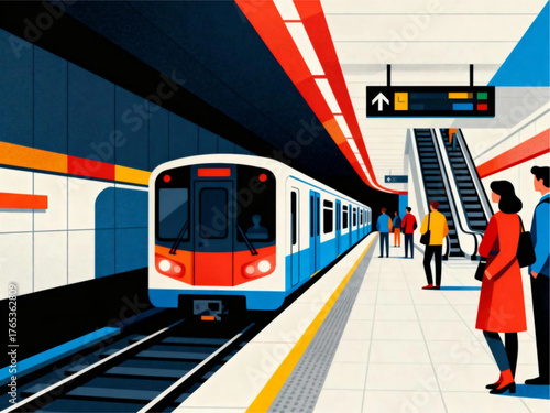 Subway station platform with train approaching and people waiting