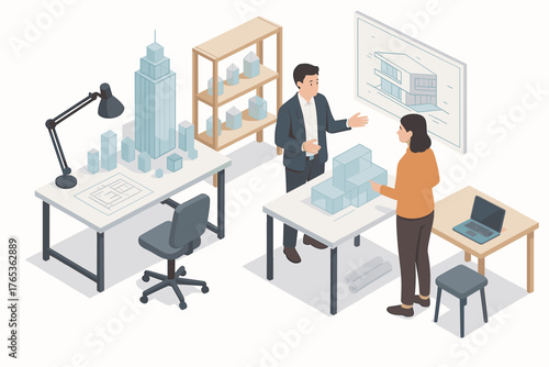 Asian adult male and female architects discussing building models in modern office