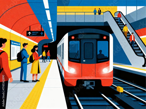 Vibrant illustration of a bustling underground subway station with passengers waiting for an arriving train, depicting modern city life and public transportation