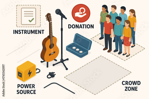 Street performance setup with guitar and microphone for donation collection