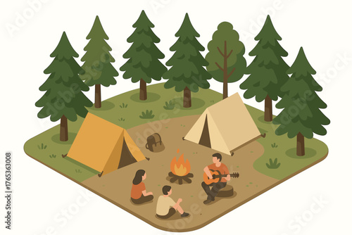 Illustration of campers with campfire and tents in forest scene