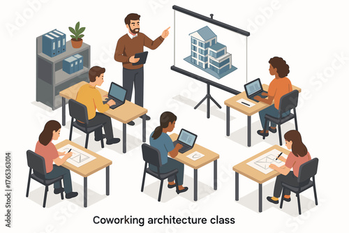 Diverse group learning architecture: interactive classroom with laptops and instructor