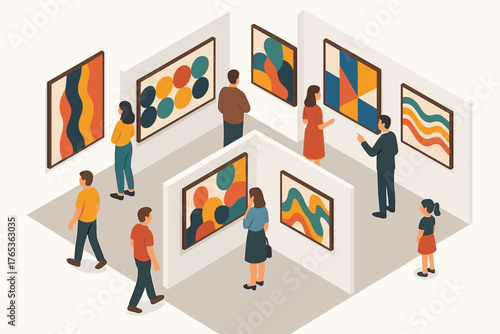 Diverse adults viewing abstract art in modern gallery